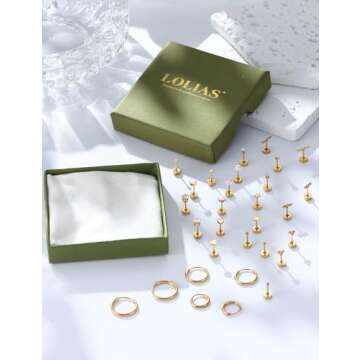 LOLIAS Small Hypoallergenic Flat Back Stud Earrings for Women Men 14K Gold Plated Surgical Stainless Steel Earring Sets Tiny Screw Back Cartilage Earring (Gold)