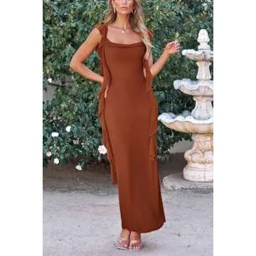 PRETTYGARDEN Women's Summer Long Formal Wedding Guest Dress Sleeveless Ruffle Cocktail Party Maxi Bodycon Dresses (Caramel,Large)