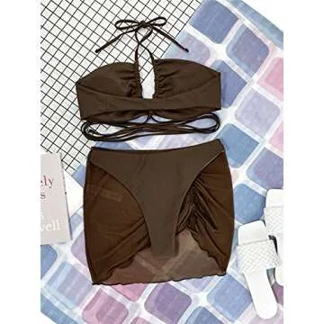 MakeMeChic Women's 3 Piece Swimsuit Criss Cross Halter Bikini Set Bathing Suit and Drawstring Beach Skirt Chocolate Brown S