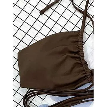 MakeMeChic Women's 3 Piece Swimsuit Criss Cross Halter Bikini Set Bathing Suit and Drawstring Beach Skirt Chocolate Brown S