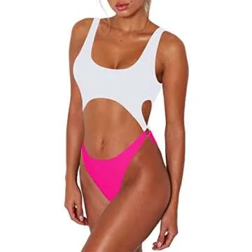Sovoyontee Women's Sexy One Piece Swimsuits Cheeky Thong Bikini Bathing Suit Cut Out Monokini White & Pink M