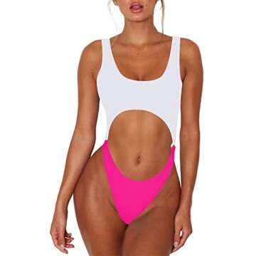 Sovoyontee Women's Sexy One Piece Swimsuits Cheeky Thong Bikini Bathing Suit Cut Out Monokini White & Pink M