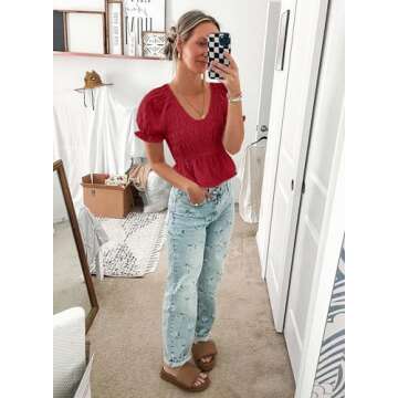 MIHOLL Women's V Neck Peplum T-Shirts Business Casual Short Sleeve Tops Summer Cute Puff Sleeve Baby...