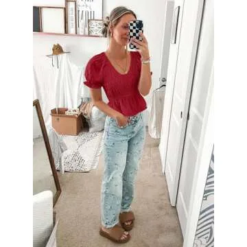 MIHOLL Women's V Neck Peplum T-Shirts: Elegant Puff Sleeve Tops for Summer Style