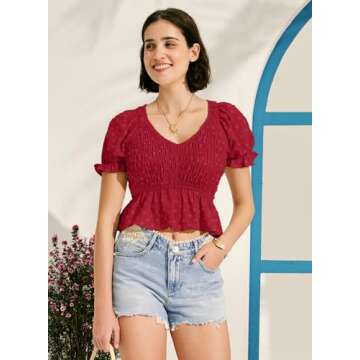MIHOLL Women's V Neck Peplum T-Shirts Business Casual Short Sleeve Tops Summer Cute Puff Sleeve Babydoll Blouses(Red,X-Large)