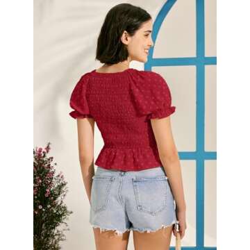 MIHOLL Women's V Neck Peplum T-Shirts Business Casual Short Sleeve Tops Summer Cute Puff Sleeve Babydoll Blouses(Red,X-Large)