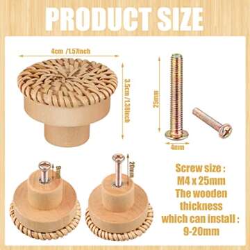 Blulu Boho Rattan Dresser Knobs Round Wooden Drawer Knobs Handmade Wicker Woven and Screws for Boho Furniture Cabinets Dresser Handles Hardware Pulls(Natural,6 Knobs and 6 Screws)