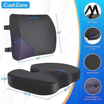 CushZone Seat Cushion, Lumbar Support Pillow with Adjustable Strap-Chair Cushions for Sciatica Pain Relief-with Washable Cover Memory Foam for Car, Travel and Wheelchair-Gray X-Large