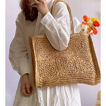Handwoven Straw Vintage Purse Bag Bohemian Large Straw Beach Bag Chic Casual Handbag Shoulder Bag Tote Rattan Vacation Bag