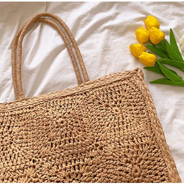Handwoven Straw Vintage Purse Bag Bohemian Large Straw Beach Bag Chic Casual Handbag Shoulder Bag Tote Rattan Vacation Bag