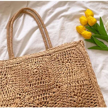 Handwoven Straw Vintage Purse Bag Bohemian Large Straw Beach Bag Chic Casual Handbag Shoulder Bag Tote Rattan Vacation Bag