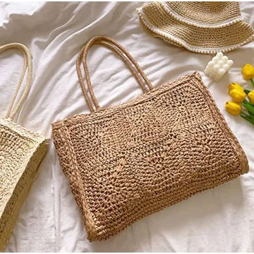 Handwoven Straw Vintage Purse Bag Bohemian Large Straw Beach Bag Chic Casual Handbag Shoulder Bag Tote Rattan Vacation Bag