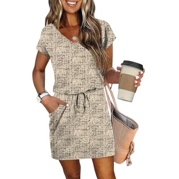 OFEEFAN Boho Dresses for Women 2026 Summer Spring Tshirt V Neck Tie Front Dress Sundresses Beach Vac...