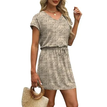 OFEEFAN Women's Summer Boho V Neck Tie Dress