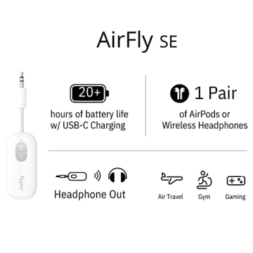 Twelve South AirFly SE Audio Streaming for TV/Airplane to Wireless Headphones – Wireless Adapter for AirPods, Airplane, Car, Gym, Home, Use with Any 3.5 mm Audio Jack