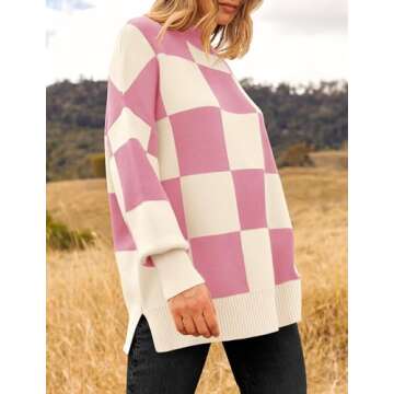 ZESICA Women's Winter Oversized Sweaters Long Sleeve Color Block Mock Neck Side Slit Comfy Loose Knitted Pullover Tops,Pink,Small