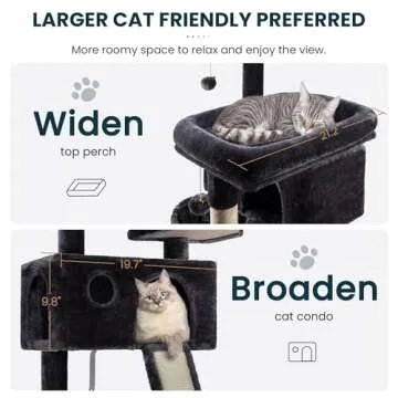 SHA CERLIN 65in Larger Cat Tree Tower Condo for Indoor Kitties/Multi-Level Furniture Activity Center with Wide Base/Cozy Plush Cat Perches/Baskets/Sisal Scratching Posts and Hammock/Dark Grey