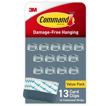 Command Round Cord Clips | Damage Free Hanging for Cables, 13 Clear Clips & 16 Strips
