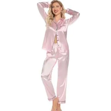 Leikar Silk Satin Pajamas Long Sleeve Button-Up Set for Women - Soft & Elegant Pink