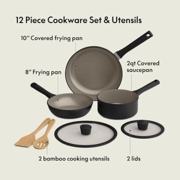 bella 7 Piece Cookware Set with EverGood™ Ceramic Nonstick Coating​, Dishwasher Safe Oven Safe, All Stovetops Compatible, Glass Lids with Silicone Rims, Cool Touch Handles, Black
