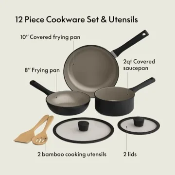 bella 7 Piece Cookware Set with EverGood™ Ceramic Nonstick Coating​, Dishwasher Safe Oven Safe, All Stovetops Compatible, Glass Lids with Silicone Rims, Cool Touch Handles, Black