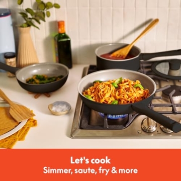 bella 7 Piece Cookware Set with EverGood™ Ceramic Nonstick Coating​, Dishwasher Safe Oven Safe, All Stovetops Compatible, Glass Lids with Silicone Rims, Cool Touch Handles, Black