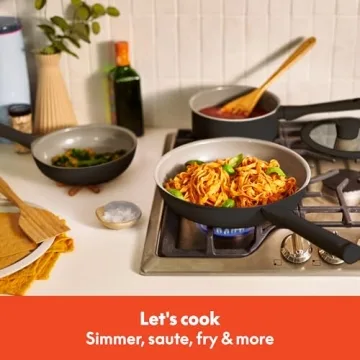 bella 7 Piece Cookware Set with EverGood™ Ceramic Nonstick Coating​, Dishwasher Safe Oven Safe, All Stovetops Compatible, Glass Lids with Silicone Rims, Cool Touch Handles, Black