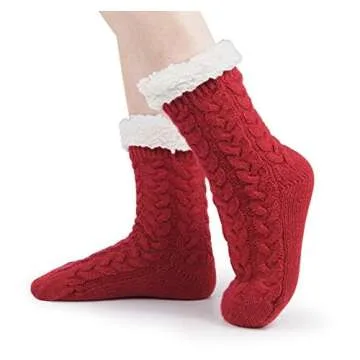BenSorts Warm Slipper Socks for Women Plush Fuzzy Socks With Grips Grippers Non Slip Sleep House Socks Soft Thick Mothers Holiday Gift Red