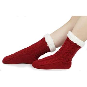 BenSorts Warm Slipper Socks for Women Plush Fuzzy Socks With Grips Grippers Non Slip Sleep House Socks Soft Thick Mothers Holiday Gift Red