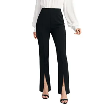 WDIRARA Women's Split Front Elastic High Waist Elegant Flare Leg Long Pants Black S