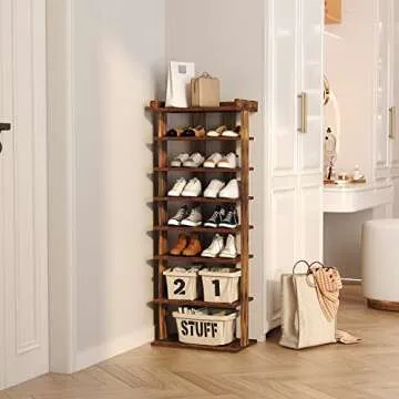 HOMEFORT 7-Tier Wood Shoe Rack, Double Rows Shoe Shelf, Shoe Storage Stand, Entryway Shoe Tower, Vertical Shoe Organizer for Narrow Closet, Entryway, Hallway, Rustic Brown