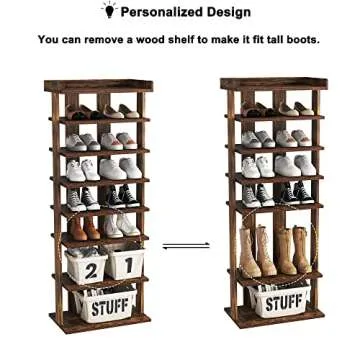 HOMEFORT 7-Tier Wood Shoe Rack, Double Rows Shoe Shelf, Shoe Storage Stand, Entryway Shoe Tower, Vertical Shoe Organizer for Narrow Closet, Entryway, Hallway, Rustic Brown