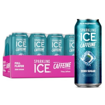 Sparkling Ice Caffeine Blue Raspberry Sparkling Water with Caffeine, Zero Sugar, with Antioxidants and Vitamins,16 fl oz Cans (Pack Of 12)