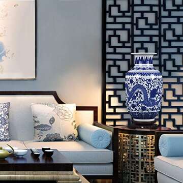 Fanquare Elegant Blue & White Porcelain Flower Vase, 11 Inches