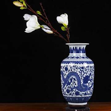 Fanquare Elegant Blue & White Porcelain Flower Vase, 11 Inches