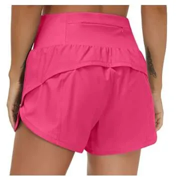 THE GYM PEOPLE Womens High Waisted Running Shorts Quick Dry Athletic Workout Shorts with Mesh Liner Zipper Pockets (Bright Pink, Small)