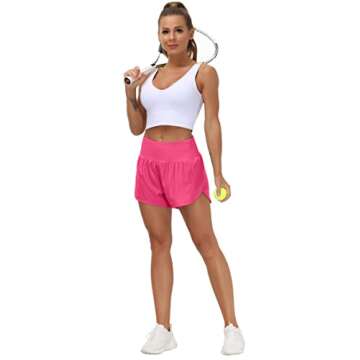 THE GYM PEOPLE Womens High Waisted Running Shorts Quick Dry Athletic Workout Shorts with Mesh Liner Zipper Pockets (Bright Pink, Small)