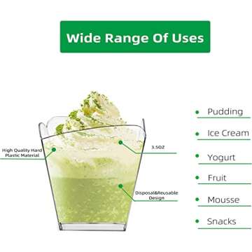 PLAZOTTA 100 Pack 3.5 oz Clear Plastic Dessert Cups with 100 Tasting Spoons, Square Parfait Appetizer Cups for Party, Weddings