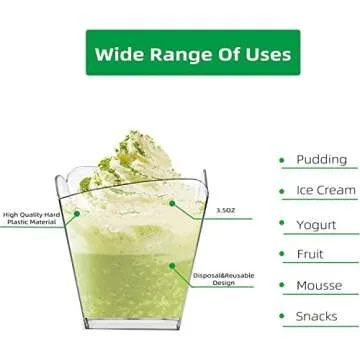 PLAZOTTA 100 Pack 3.5 oz Clear Plastic Dessert Cups with 100 Tasting Spoons, Square Parfait Appetizer Cups for Party, Weddings