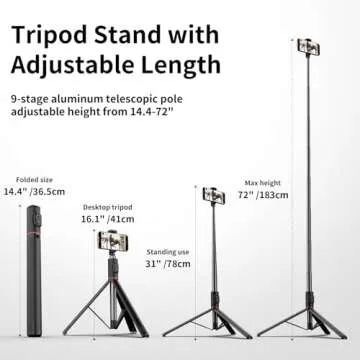 Joyful 72" Phone Tripod & Selfie Stick - Versatile & Portable