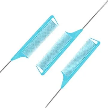 Long Steel Pin Rat Tail Combs Set: 3 Pieces Teasing Hair Combs for Salon Stylists - Includes Metal Parting Combs for Women (Blue)