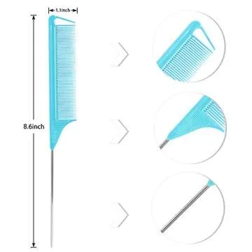 Long Steel Pin Rat Tail Combs Set: 3 Pieces Teasing Hair Combs for Salon Stylists - Includes Metal Parting Combs for Women (Blue)