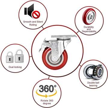 3" Casters Set of 4 PVC Heavy Duty Stem Swivel Wheels with Brake 360 Degree 1000lbs Rubber Castors Threads Dual Safety Locks Bearings Tools Outdoor for Furniture Desk Office