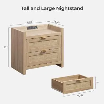 SICOTAS Rattan Nightstands Set of 2 Bedside Table - Bedroom Night Stand with Type-C Charging Station, 2 Drawers Storage - Boho Night Stands End Table for Home Office - Light Oak