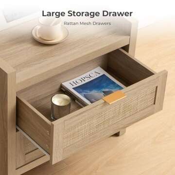 SICOTAS Rattan Nightstands Set of 2 Bedside Table - Bedroom Night Stand with Type-C Charging Station, 2 Drawers Storage - Boho Night Stands End Table for Home Office - Light Oak