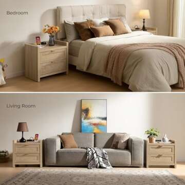 SICOTAS Rattan Nightstands Set of 2 Bedside Table - Bedroom Night Stand with Type-C Charging Station, 2 Drawers Storage - Boho Night Stands End Table for Home Office - Light Oak