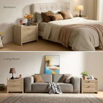 SICOTAS Rattan Nightstands Set of 2 Bedside Table - Bedroom Night Stand with Type-C Charging Station, 2 Drawers Storage - Boho Night Stands End Table for Home Office - Light Oak