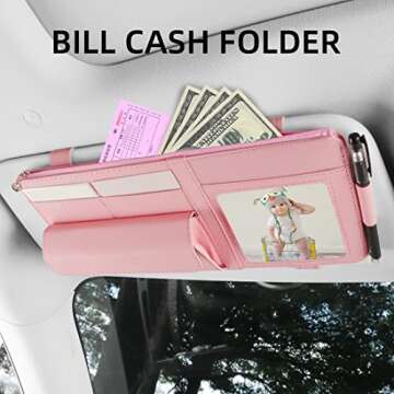 SEMBEM Visor Document Holder for Truck, Car Sun Visor Organizer, Visor Storage Pouch Holder with Sunglasses Clip, Picture Frame, Essential Visor Accessories for Driver Auto Owners Pink