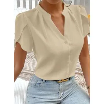 Astylish Beige V Neck Cap Sleeve Women’s Blouse Tops