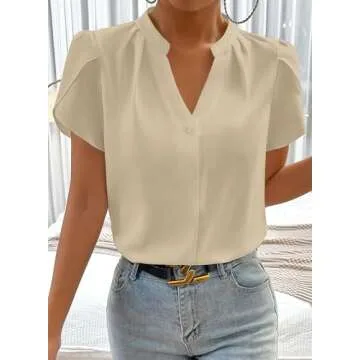 Astylish Beige V Neck Cap Sleeve Women’s Blouse Tops